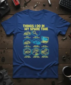 T-shirt design showing "Things I Do In My Spare Time" with icons for driving, looking at, researching, talking about, thinking