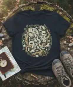 T-shirt with quote "THINGS I TRIP ON WHILE HIKING... ROOTS, ROCKS, MY OWN FEET, A LEAF, MY SHADOW" in a