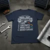 Dark navy t-shirt with distressed white text listing "Things I Want: Cars, Car Parts, More Cars, Bigger Garage" and a