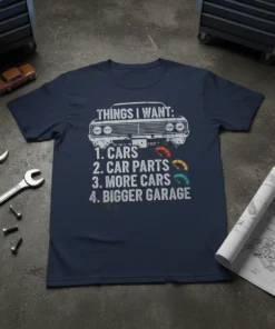 Dark navy t-shirt with distressed white text listing "Things I Want: Cars, Car Parts, More Cars, Bigger Garage" and a