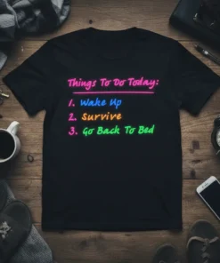 Black t-shirt with neon-colored text listing "Things To Do Today: Wake Up, Survive, Go Back To Bed" for a humorous