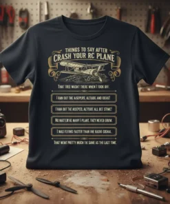 Black t-shirt with "Things To Say After Crash Your RC Plane" text and a vintage biplane graphic