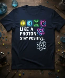T-shirt with "THINK LIKE A PROTON, STAY POSITIVE." text and atomic orbit graphics, featuring periodic table elements for T, H