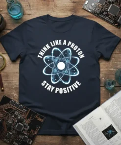 Navy blue t-shirt with "Think Like A Proton Stay Positive" text and a glowing atomic symbol graphic