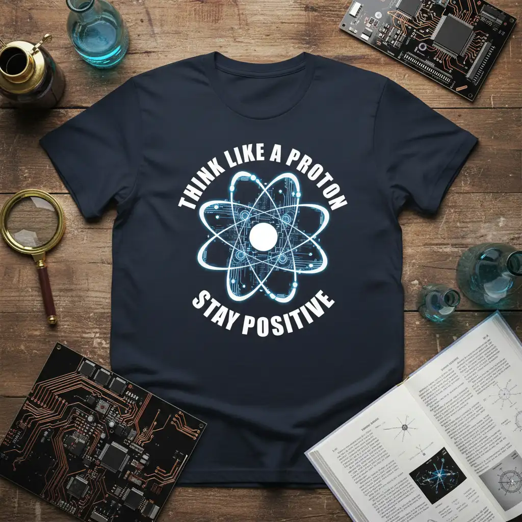 Think Like A Proton Stay Positive quote on a t-shirt with a detailed atomic structure graphic