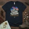 Navy t-shirt with "THINK OUTSIDE NO BOX REQUIRED" text and mountain graphic