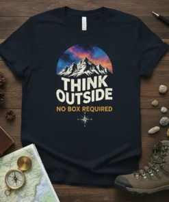 Navy t-shirt with "THINK OUTSIDE NO BOX REQUIRED" text and mountain graphic