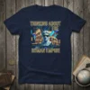 Thinking About The Roman Empire text with Colosseum and Roman bust graphic on navy blue t-shirt
