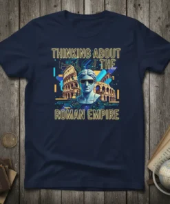 Thinking About The Roman Empire text with Colosseum and Roman bust graphic on navy blue t-shirt