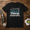 Black t-shirt with "Thirst Responder" text and graphics of cocktails and a tiki mask over a blue heartbeat line