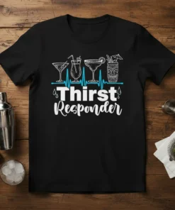 Black t-shirt with "Thirst Responder" text and graphics of cocktails and a tiki mask over a blue heartbeat line