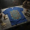Blue t-shirt with "Thirty Three Years Later" text in steampunk font, featuring airships and gears