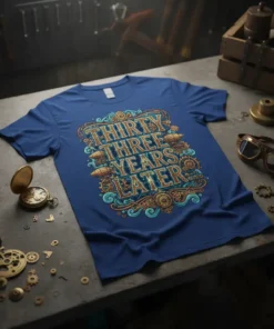 Blue t-shirt with "Thirty Three Years Later" text in steampunk font, featuring airships and gears