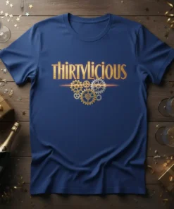 Thirtylicious 30th birthday t-shirt with gold gears graphic and elegant typography