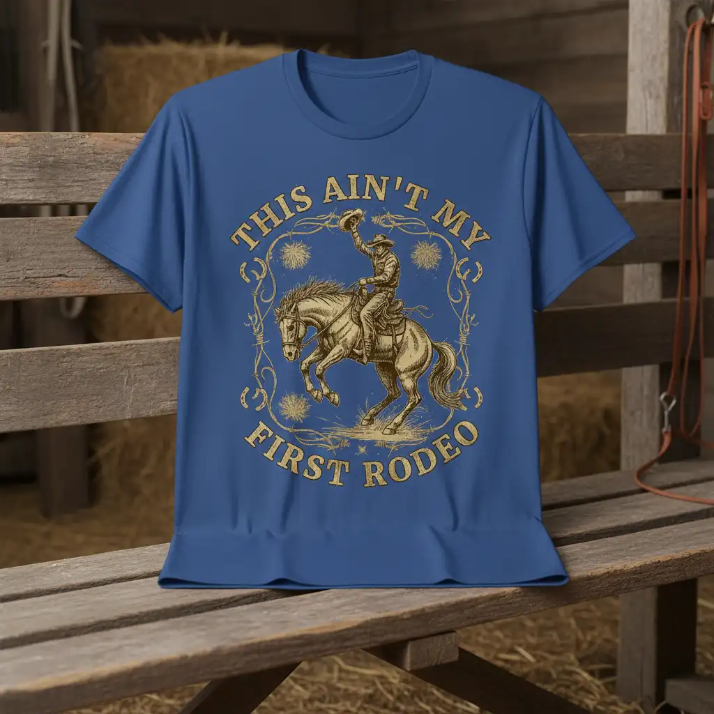 This Ain't My First Rodeo quote on a t-shirt with a cowboy on a bucking horse graphic