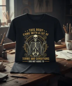 Black t-shirt with "THIS BODY CAME WITH A LOT OF TERMS AND CONDITIONS I DID NOT AGREE TO" text and