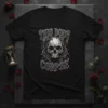 Gothic t-shirt design with the text "This Body Will Be A Corpse" and a detailed skull surrounded by thorns
