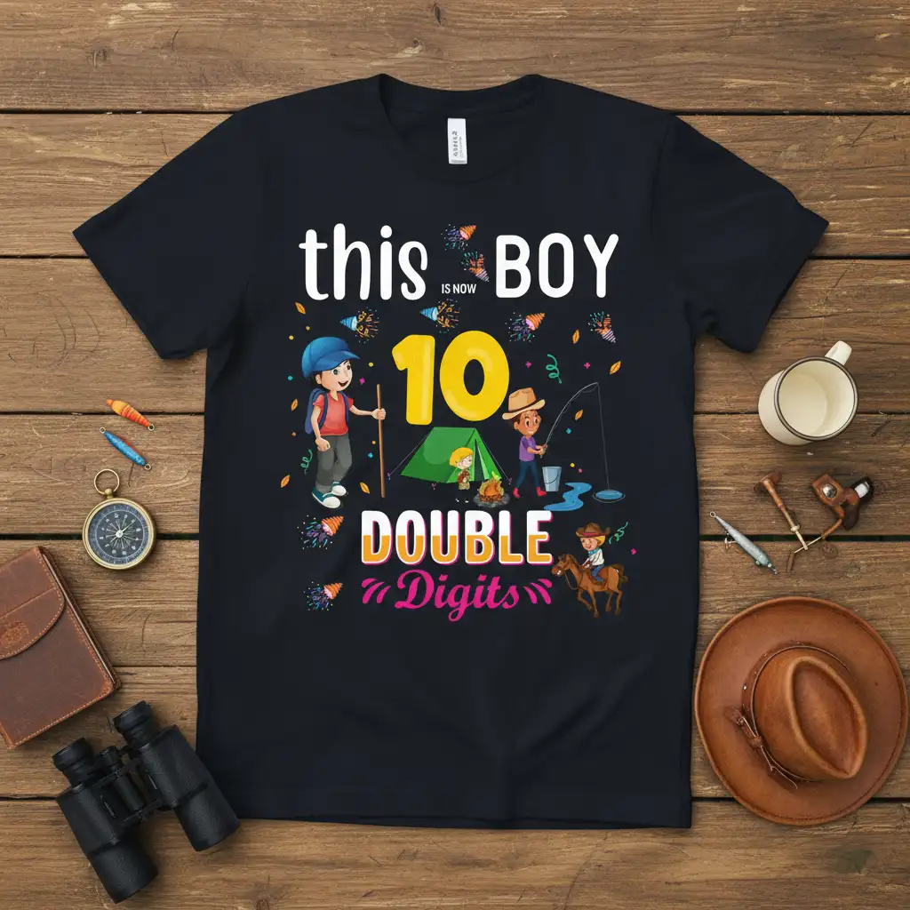This Boy Is Now 10 Double Digits birthday t-shirt design with camping, fishing, and horse riding graphics