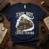 This Boy Loves Trains t-shirt design featuring a vintage steam locomotive surrounded by smoke