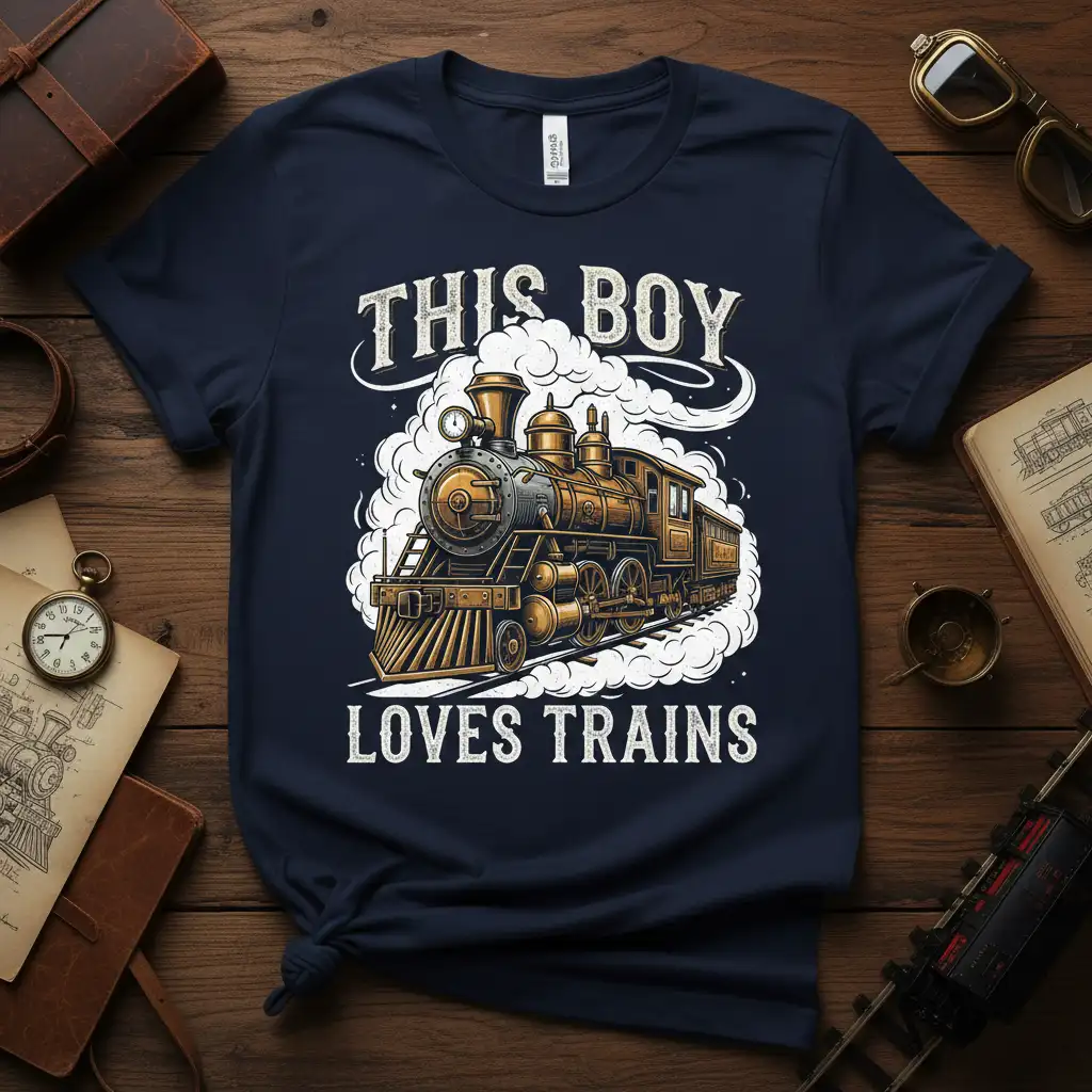 This Boy Loves Trains quote with vintage steam engine graphic on a navy blue t-shirt