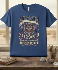 T-shirt featuring "Anderson Cat Ranch" design with "This Cat Has A DD-214" quote, patriotic cat graphic, and distressed vintage style