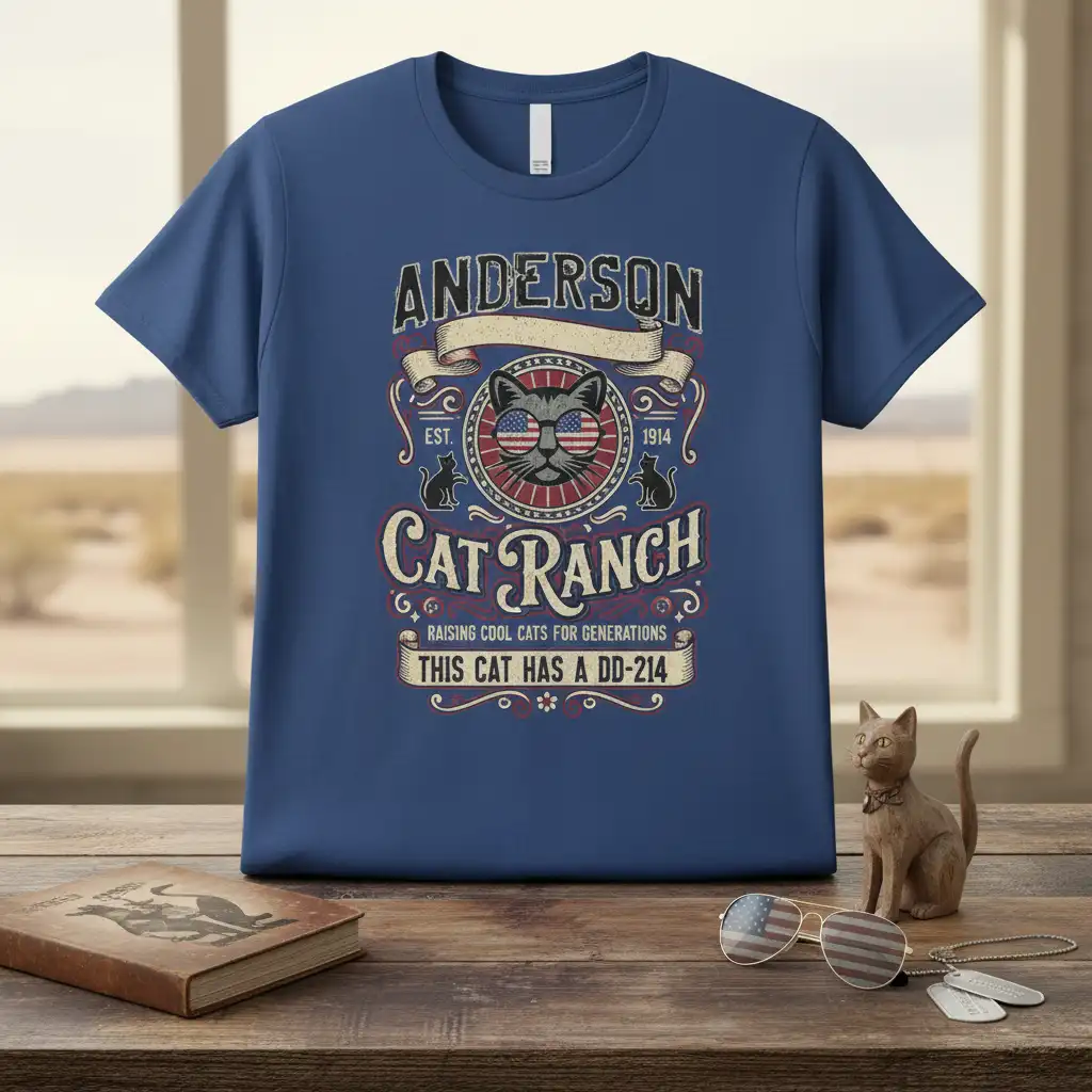 This Cat Has A DD-214 patriotic cat design with Anderson Cat Ranch vintage distressed text