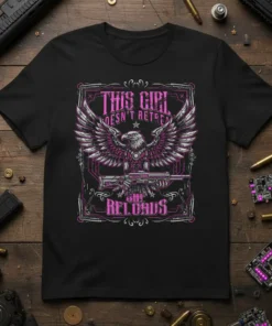 This Girl Doesn't Retreat She Reloads graphic tee featuring an eagle holding a rifle, with patriotic pink and silver accents