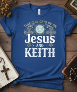 This Girl Gets By On Jesus And Keith graphic t-shirt design with dove and cross emblems