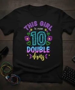 This Girl Is Now 10 Double Digits birthday t-shirt with neon-style text and circuit board number 10 graphic