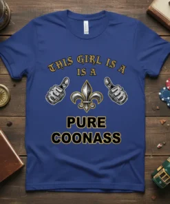 This Girl Is A Pure Coonass t-shirt design with fleur de lis symbol and thumbs up graphics
