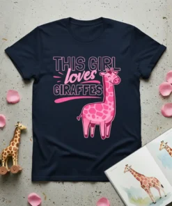 This Girl Loves Giraffes text with a pink cartoon giraffe graphic on a navy blue t-shirt