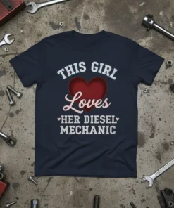 THIS GIRL Loves HER DIESEL MECHANIC text with a red heart on a navy t-shirt, surrounded by tools