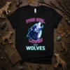 This Girl Loves Her Wolves t-shirt with geometric wolf graphic and neon text