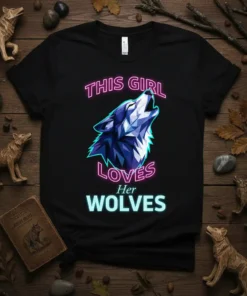This Girl Loves Her Wolves t-shirt with geometric wolf graphic and neon text