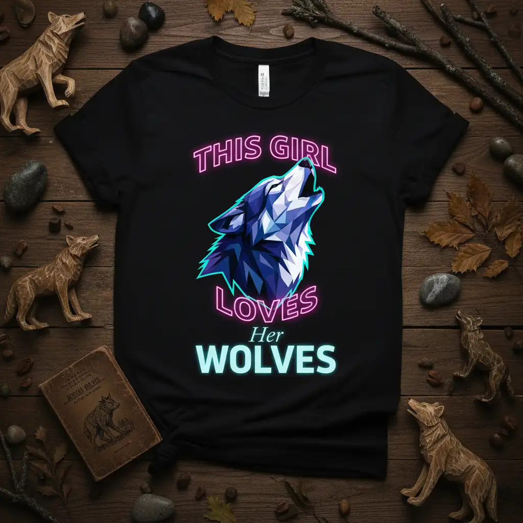 THIS GIRL LOVES Her WOLVES text with geometric wolf head on black t-shirt