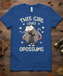 This Girl Loves Opossums t-shirt design featuring two hugging opossums and scattered hearts