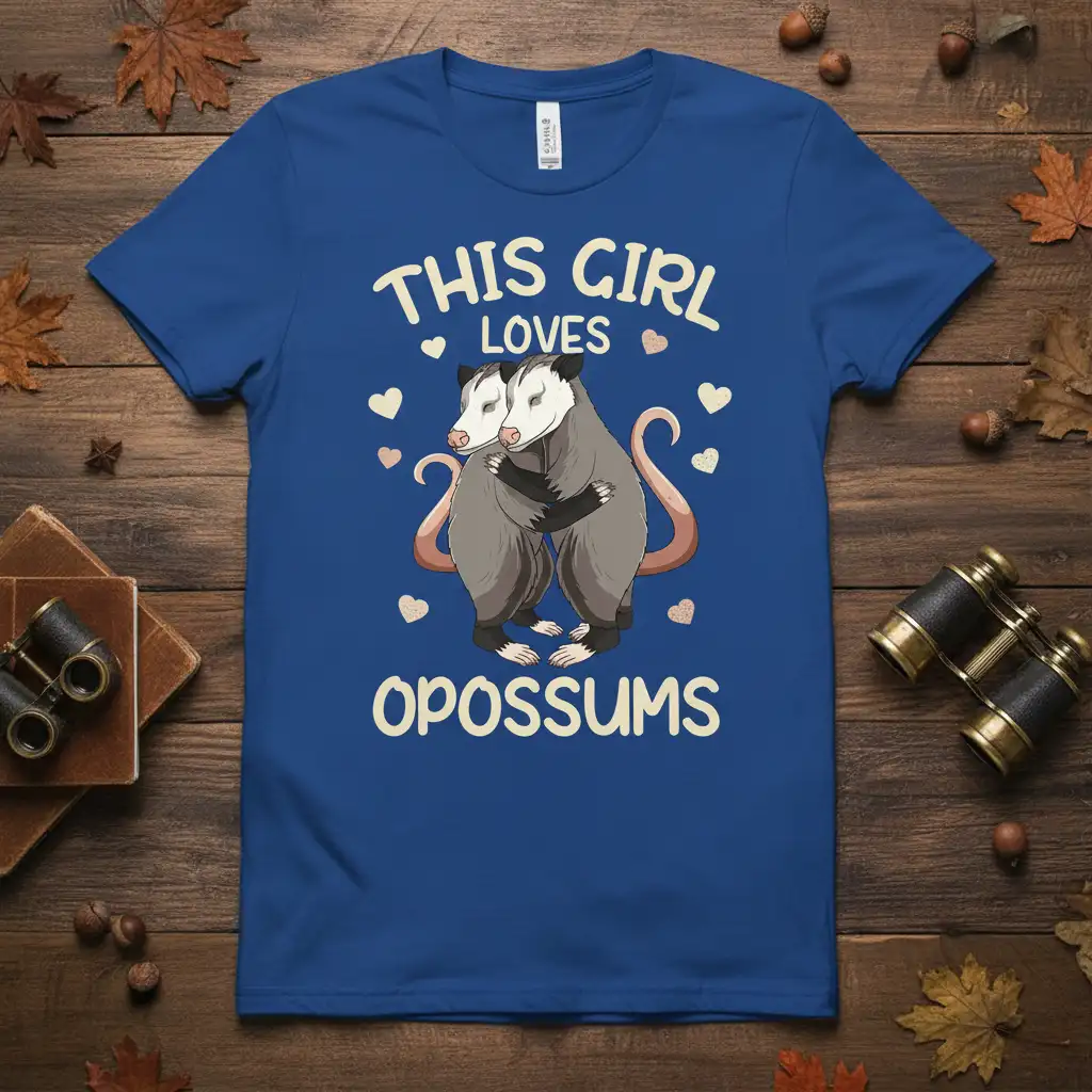 This Girl Loves Opossums text with hugging opossum illustration and hearts on a blue tee