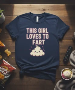 This Girl Loves To Fart humorous quote design with a cute poop cloud graphic on a navy t-shirt