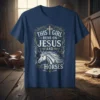 Navy blue t-shirt with "This Girl Runs On Jesus And Horses" text and horse graphic, featuring a cross and horseshoe