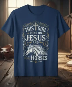 Navy blue t-shirt with "This Girl Runs On Jesus And Horses" text and horse graphic, featuring a cross and horseshoe