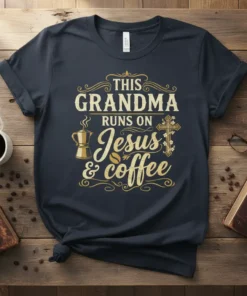 Graphic t-shirt with the text "This Grandma Runs On Jesus & Coffee" in decorative font, featuring a moka pot and