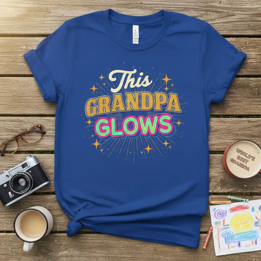 This Grandpa Glows text design with sparkling starbursts on a royal blue t-shirt