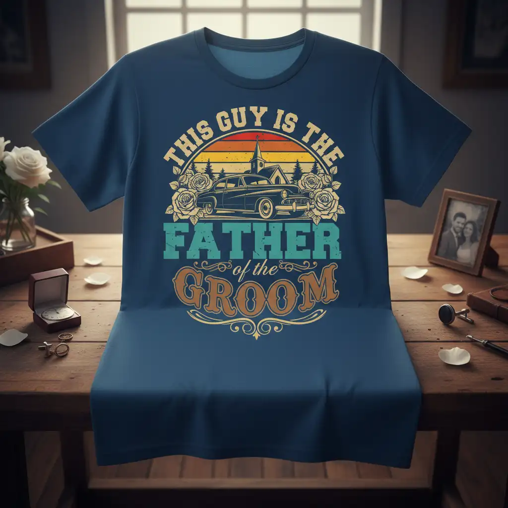 This Guy Is The Father of the Groom vintage t-shirt design with classic car and sunset