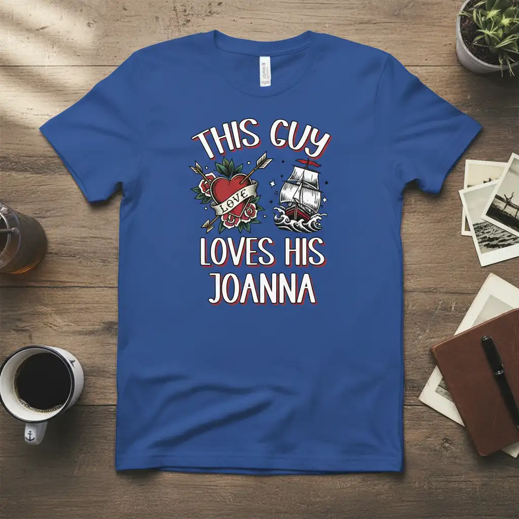 This Guy Loves His Joanna quote with tattoo heart and ship graphic on a blue t-shirt