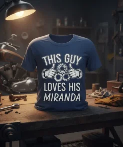 This Guy Loves His Miranda T-Shirt with gears and thumbs-up graphic, dark blue tee