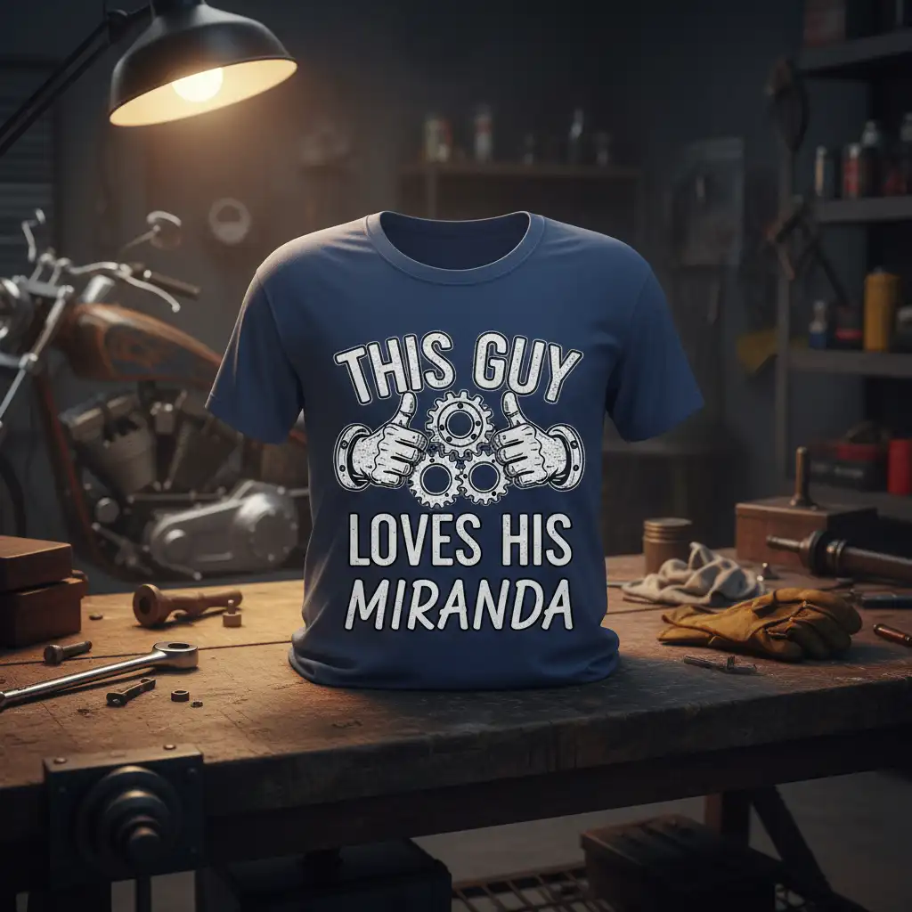 This Guy Loves His Miranda quote with gear graphics on a navy blue t-shirt