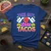 This Guy Loves Tacos text design with cartoon heart, thumbs up, avocados and tacos