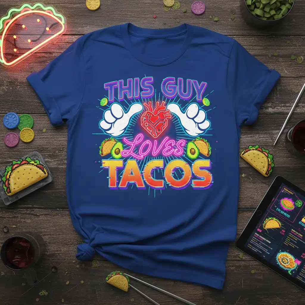 This Guy Loves Tacos text and graphic design with cartoon heart and thumbs up