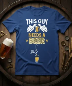 Blue t-shirt with white text "THIS GUY NEEDS A BEER" and graphics of thumbs up and beer pouring from a