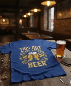 Blue t-shirt with "THIS GUY NEEDS A BEER BEER" text and graphics of hands holding beer mugs, hops, and barley